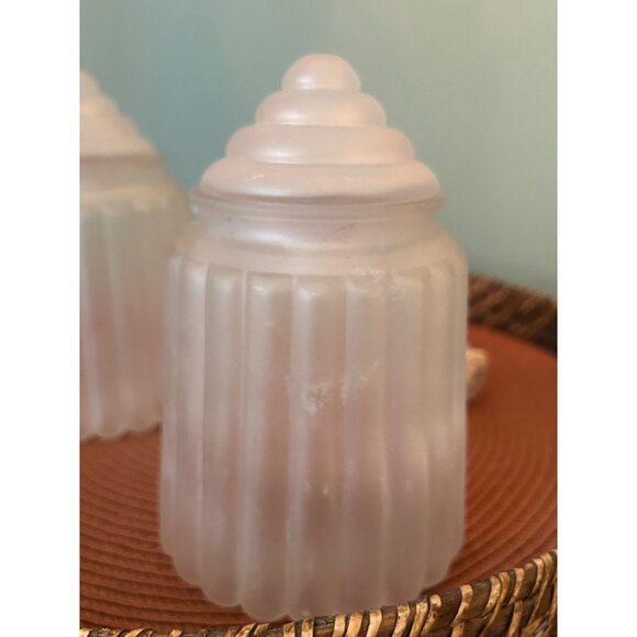 Vintage Ribbed Frosted Glass Decor Jars With Lids Lot of 2 Vanity Table Decor - Picture 2 of 7
